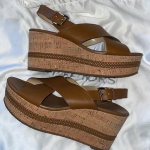 Michael Kors brown leather braided platform wedges size 8